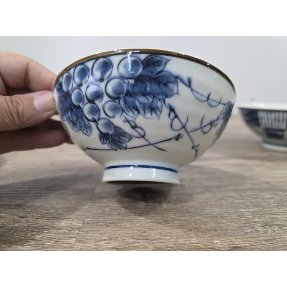 4 Japanese Blue & White Rice Bowls Floral, Mismatched 2